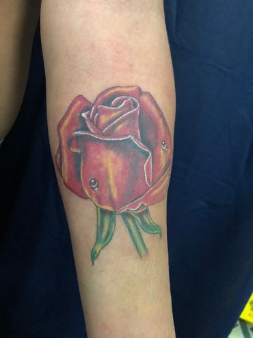 Color rose tattoo on inner arm.