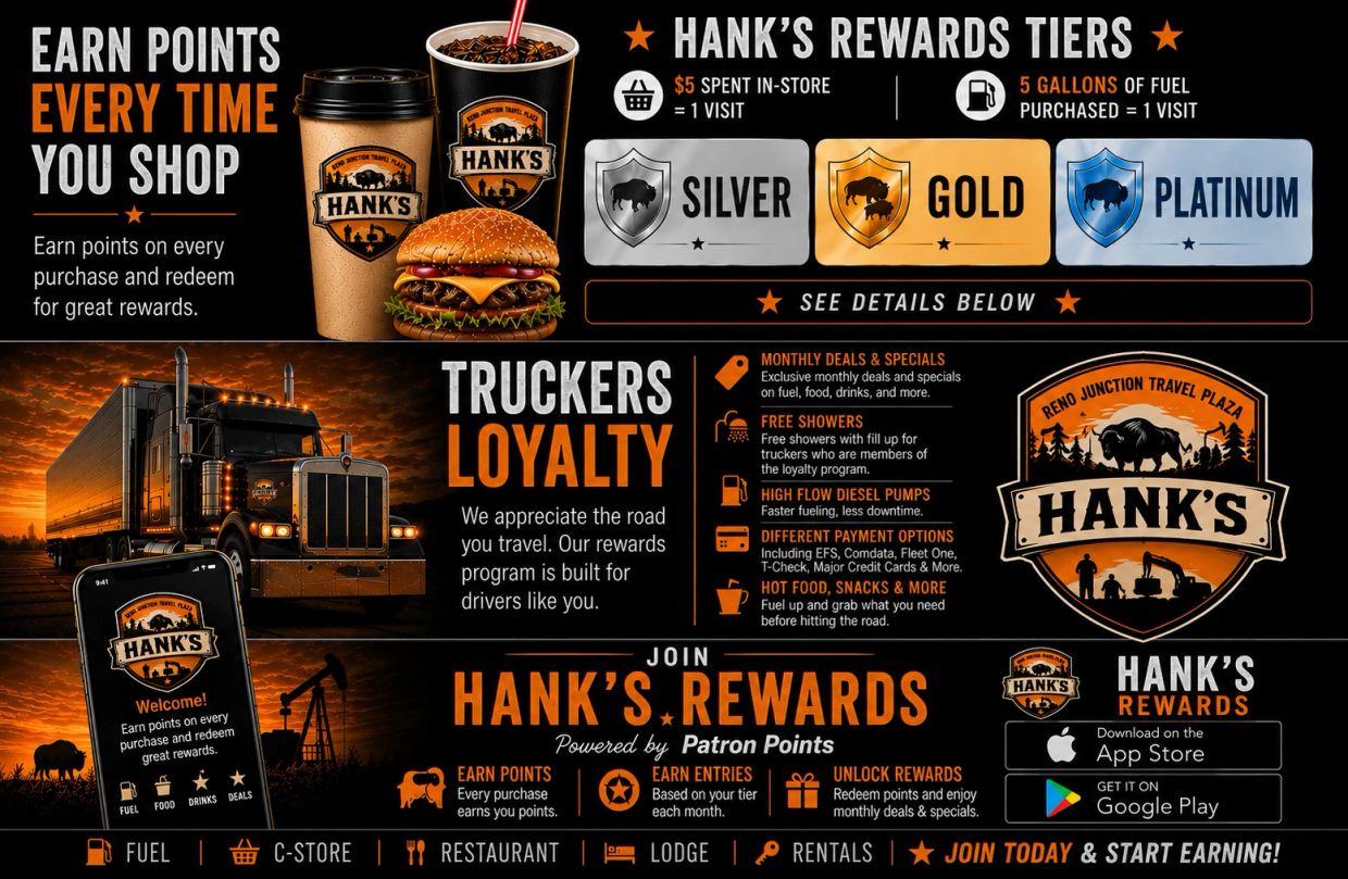 Hank’s Rewards program offers points and perks for truckers and shoppers.