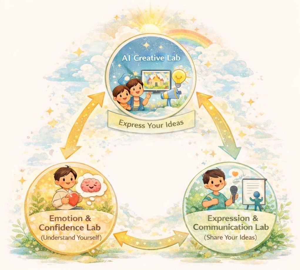Illustration of three creative labs connected by arrows, encouraging idea expression, self-understanding, and communication.