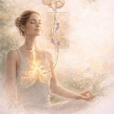 A woman meditates with glowing lungs and brain connection illustrated.