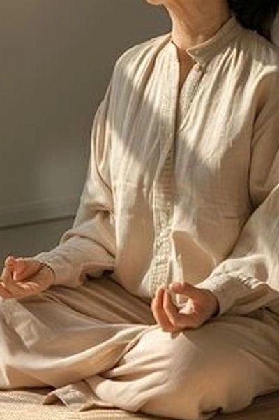 Person meditating in beige outfit sitting cross-legged indoors.