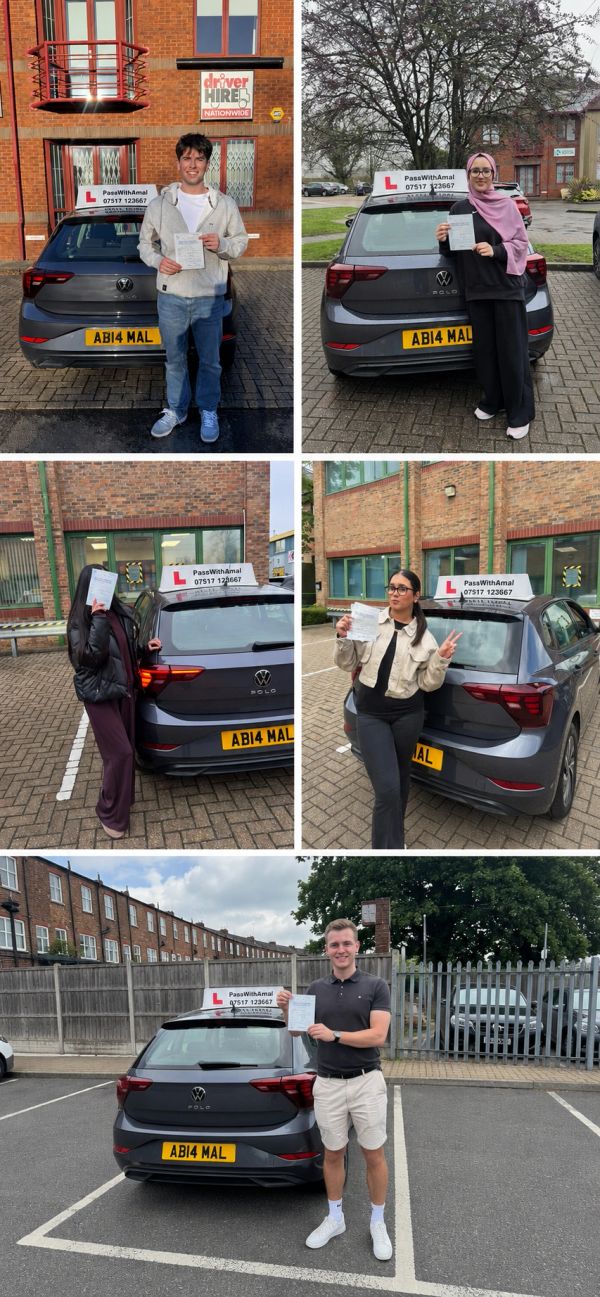 Five people proudly hold their driving test certificates by a PassWithAmal car.