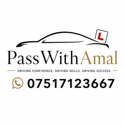 Logo for Pass With Amal driving school with contact number and learner symbol.