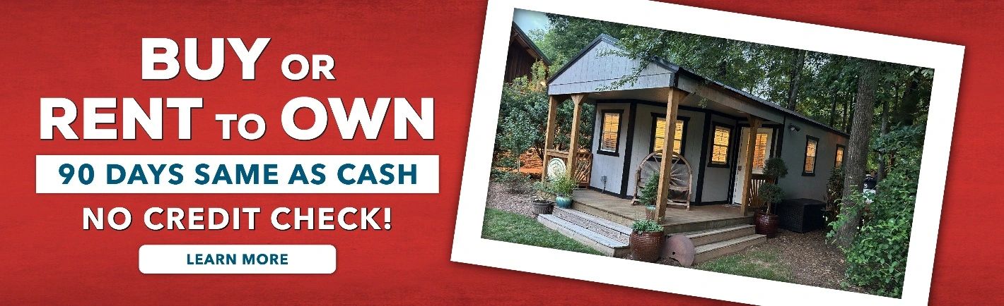 Advertisement for buying or renting to own a small house with no credit check.