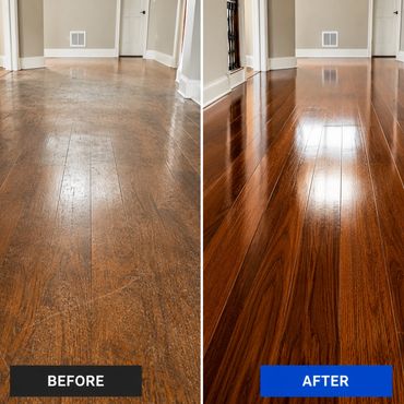 Deep hardwood floor cleaning removing soil and restoring a cleaner natural wood appearance.