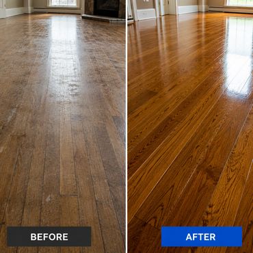 Professional hardwood floor cleaning improving the appearance of worn wood flooring.