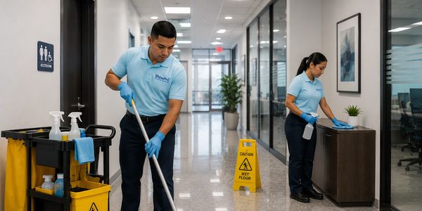 Two janitors cleaning an office corridor.