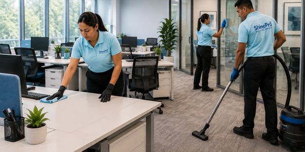 Professional cleaning crew tidying an office space.