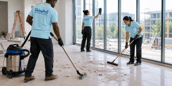 Three professional cleaners cleaning a room with large windows.