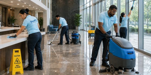 Cleaning staff working in a lobby.