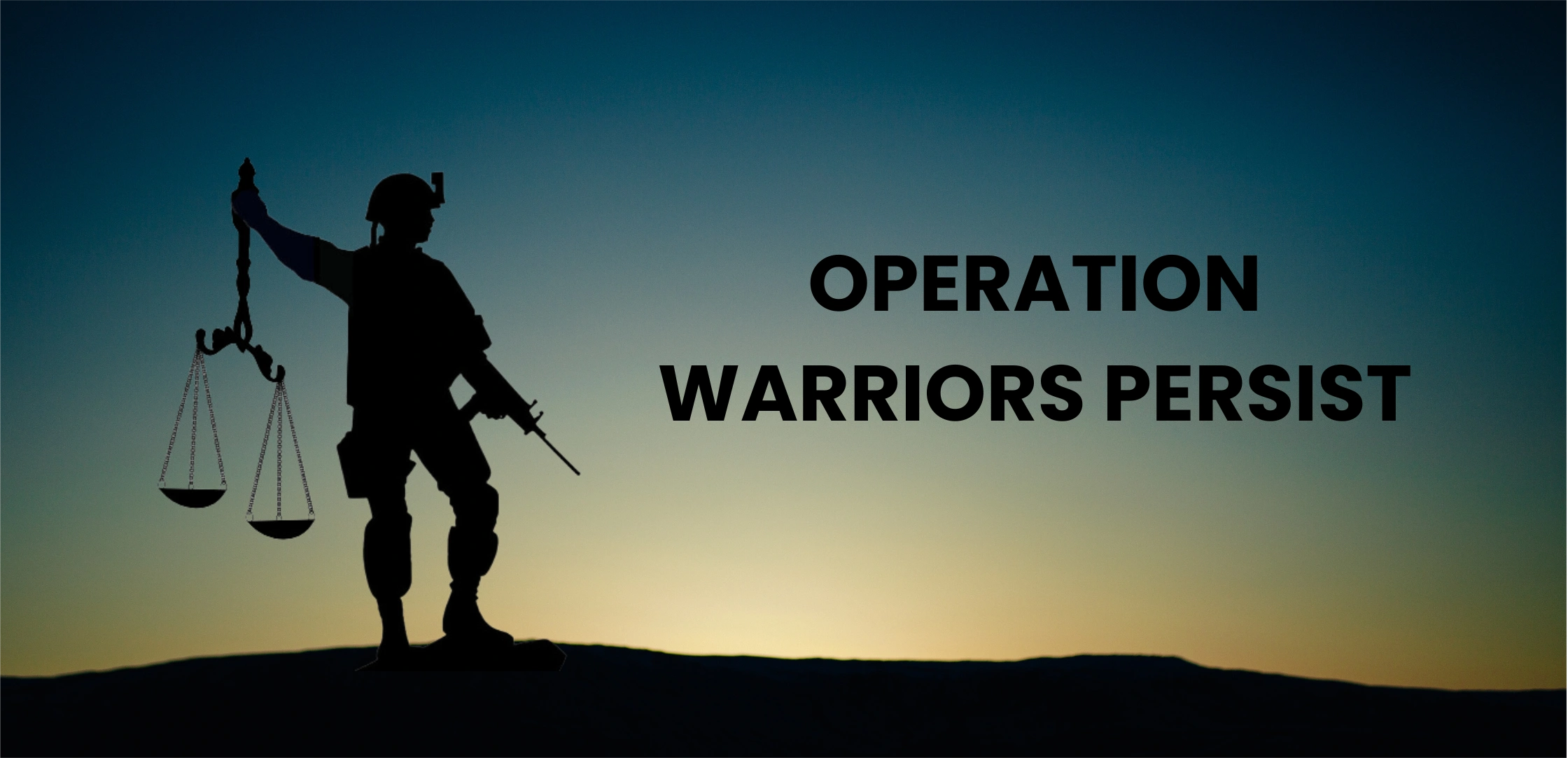A military woman carries a weapon in one hand while holding the scales of justice in the other.