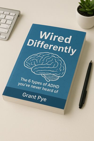 Book titled 'Wired Differently' about ADHD by Grant Pye on a desk.