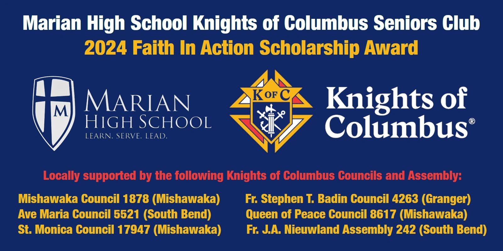 Marian High School Knights of Columbus 2024 Faith In Action Scholarship Award announcement.