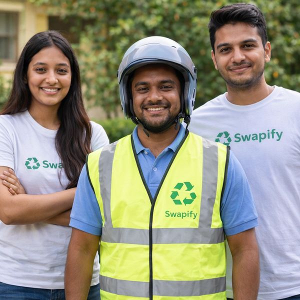 Three Swapify team members smiling outdoors, one wearing a safety vest and helmet.