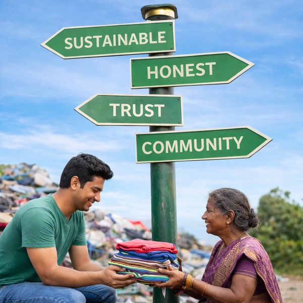 Two people exchanging clothes under a signpost with values like trust and community.