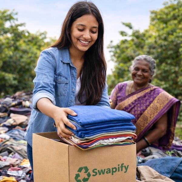 Two women happily sorting clothes for donation in a Swapify box outdoors.