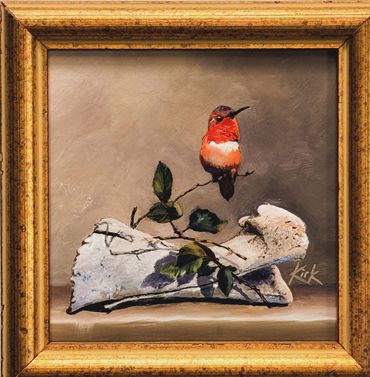 Hummingbird on Bone. 4.5x4.5" oil on panel. AVAILABLE: $450