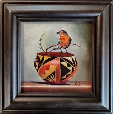 Western Bluebird on Pueblo Pot. Oil on panel. SOLD