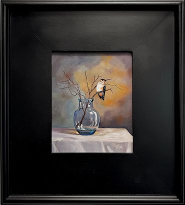 Hummingbird on Glass Vase. image 8x10" Oil on panel. Framed 18x20"
SOLD