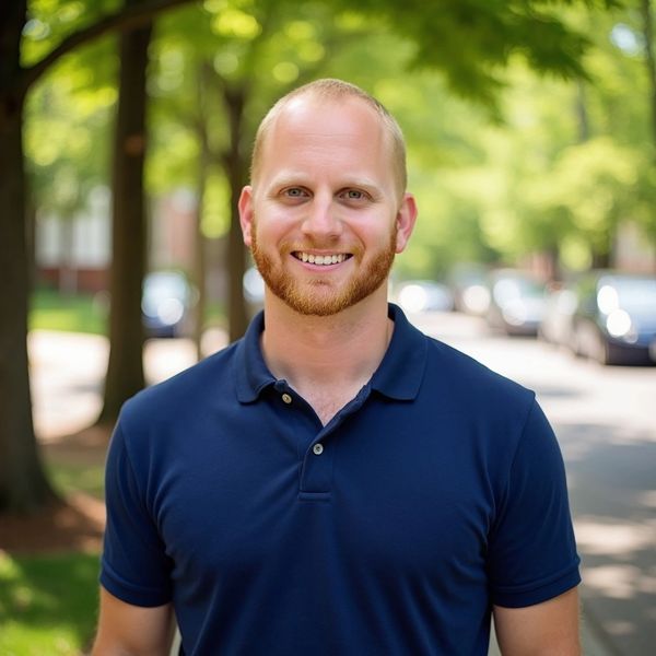 Smiling man with red beard in a navy blue polo shirt outdoors on a sunny day.