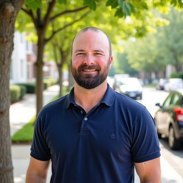 Smiling man in a navy polo shirt standing outdoors on a tree-lined street.