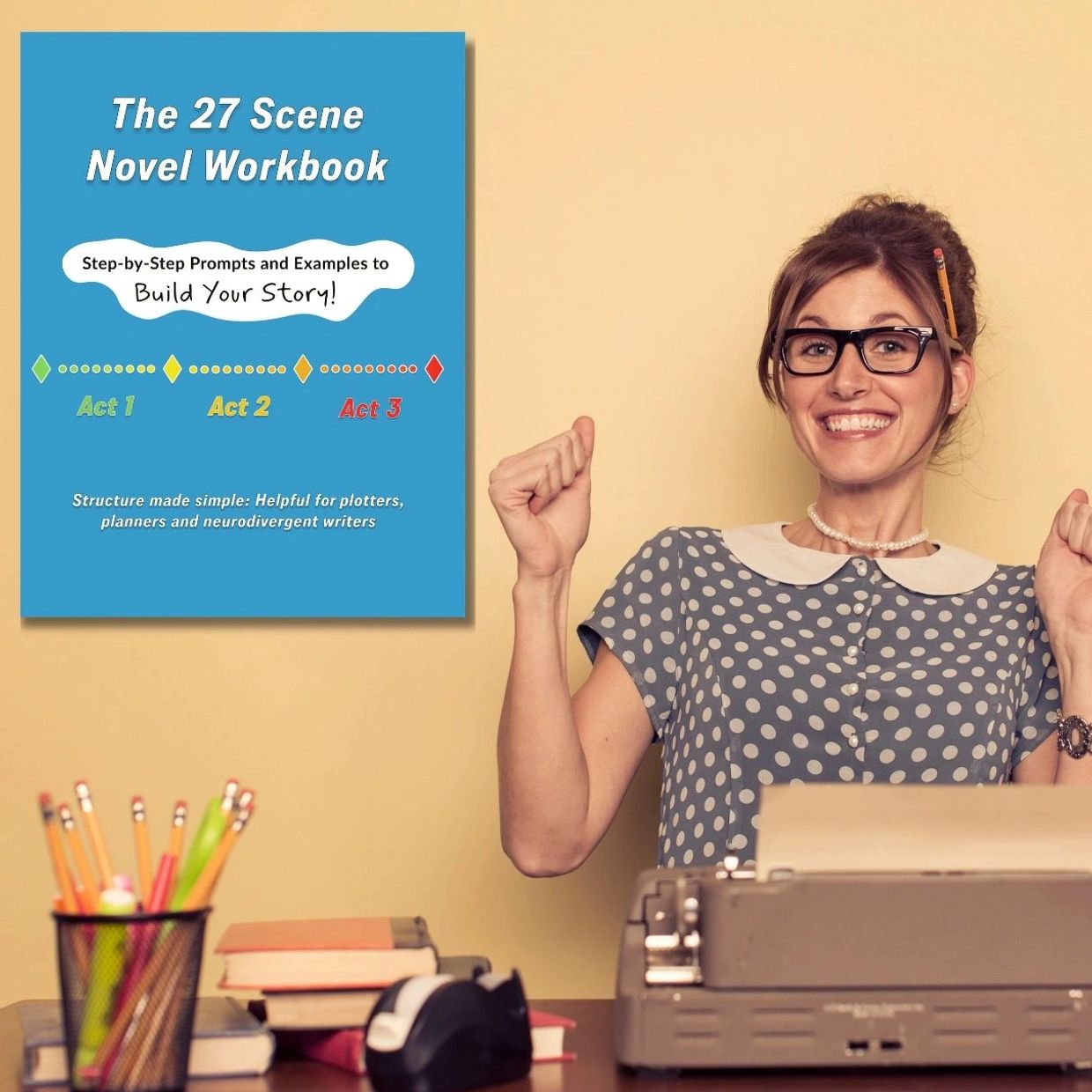 Woman excited with a novel workbook on the wall.