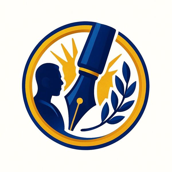 A stylized emblem with a human silhouette, fountain pen nib, and laurel branch in blue and gold.