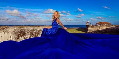 Deep blue flying dress photo session in Cartagena, Colombia