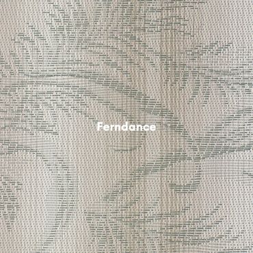Ferndance Textilene sling fabric. Green ferns with a beige background.