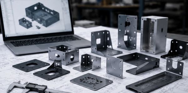 Metal parts with CAD design on a laptop.