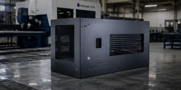 Black metal box with perforated sides in an industrial setting.