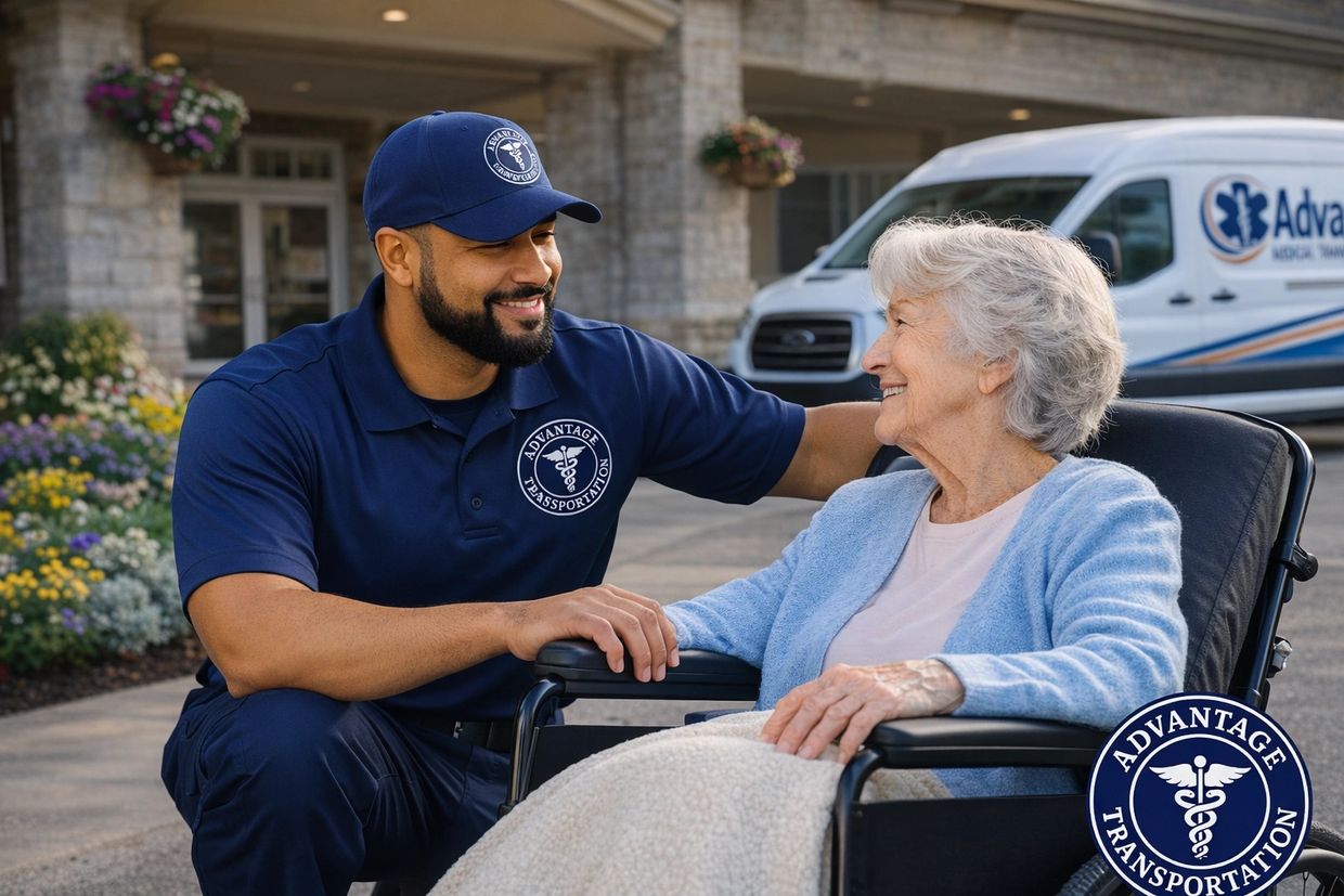 Caregiver smiling at elderly woman in wheelchair.