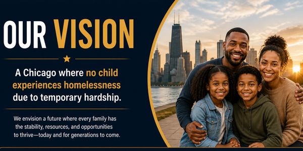 A happy family with Chicago skyline behind, promoting a vision to end child homelessness.