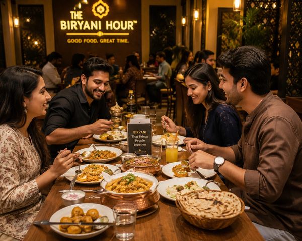 Four friends enjoying a lively meal at The Biryani Hour restaurant.
