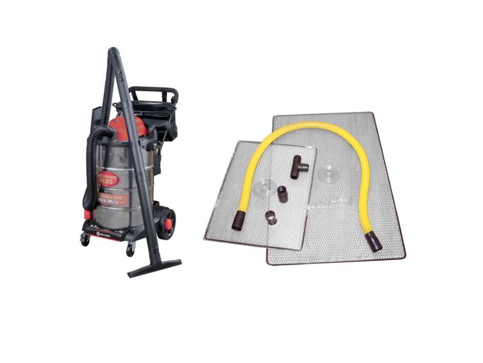A wet dry vacuum cleaner with accessories and filters.