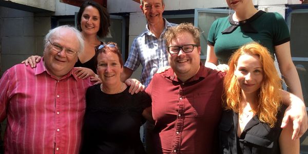 Photo - Margaret Ashley with Doctor Who  Colin Baker and the rest of the cast at Big Finish Studios.