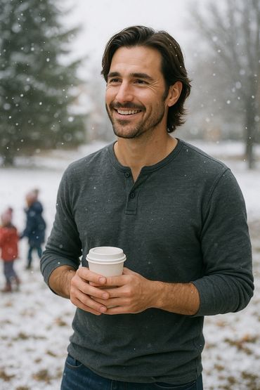 Smiling man holding a coffee cup outdoors in light snowfall.