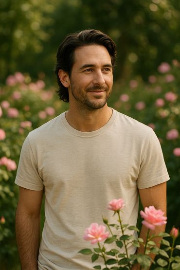 Man in beige t-shirt smiling among blooming pink flowers outdoors.