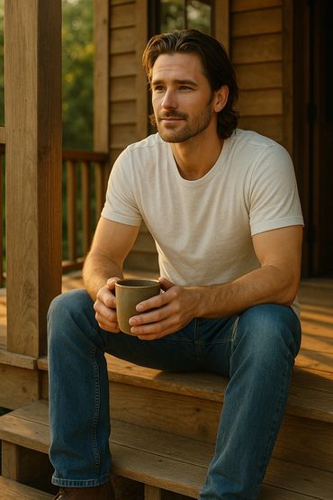 Man in casual clothes sitting on wooden porch with a cup in hand.