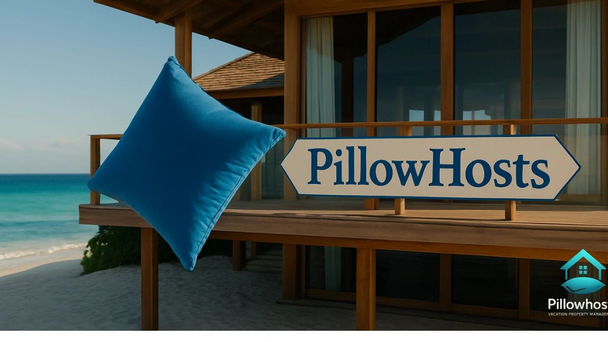 Blue pillow and PillowHosts sign by a beachside wooden cabin.