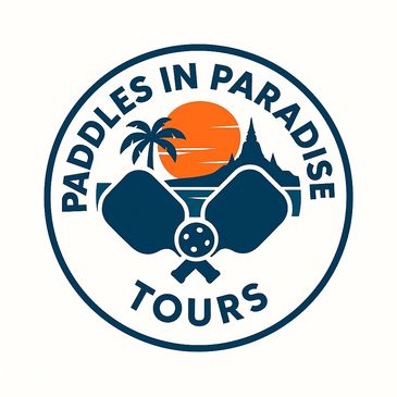 Logo of Paddles in Paradise Tours with paddles, palm tree, and sunset.