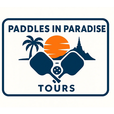 Logo for Paddles in Paradise Tours featuring paddles, palm tree, sunset, and mountain.