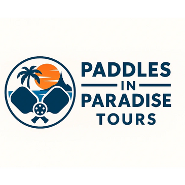 Logo for Paddles in Paradise Tours with paddles, palm tree, sunset, and island.