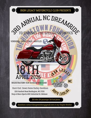 Poster for 3rd Annual NC Dreamride motorcycle event supporting Special Olympics on April 18, 2026.