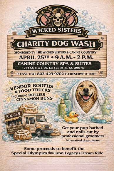 Charity dog wash event with vendors and food trucks supporting Special Olympics.