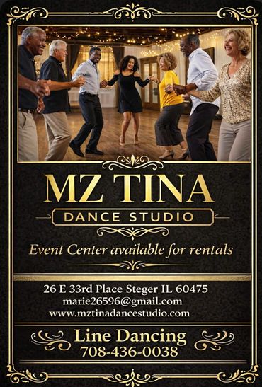 black and gold flyer with picture of men and women dancing on a dance floor and business info below
