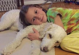 Young girl snuggling with Moyen poodle puppy.