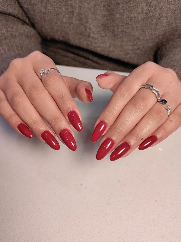 Red gel nails at tips and toes Jordan