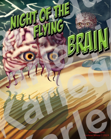 Poster for 'Night of the Flying Brain' featuring flying brains with eyes.