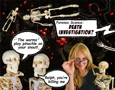 Woman holding a skeleton and speaking with animated skeletons about forensic death investigation.